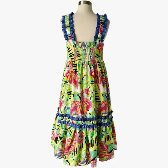 Crosby by Mollie Burch Bowie Dress Size S Green Pink Flamingo Print Resort - Picture 4 of 8